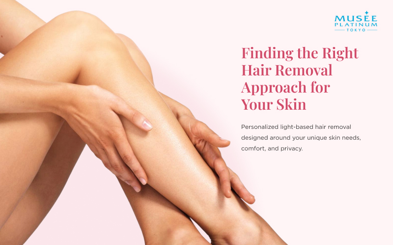 woman touching smooth legs highlighting personalized hair removal approach